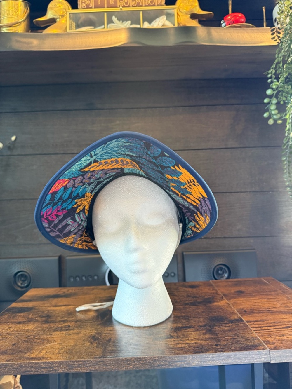 Wide Brim Sun Visor Hat in Navy with Multicolor Leaf Print